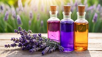 Close-up of floral essential oils in glass bottles with various colored liquids on a vintage wooden table. Freshness of aromatherapy with natural concepts. AI-Generated photo