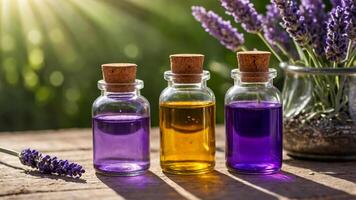 Close-up of floral essential oils in glass bottles with various colored liquids on a vintage wooden table. Freshness of aromatherapy with natural concepts. AI-Generated photo