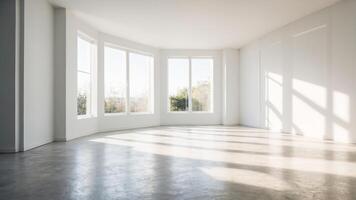 Minimalist white room interior with windows showing natural scenery. A clean room with shadow overlays. The morning sun passes through the window. AI-Generated photo