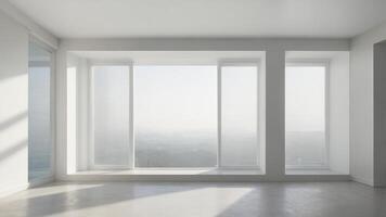 Minimalist white room interior with windows showing natural scenery. A clean room with shadow overlays. The morning sun passes through the window. AI-Generated photo