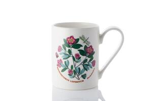 cup with a flower painted on it on a white background. Isolate photo