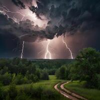 Cloudy Thunder Thunderstorm lightning bolt in the forest photo