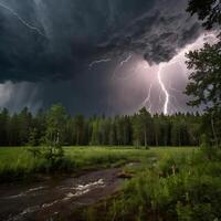 Cloudy Thunder Thunderstorm lightning bolt in the forest photo