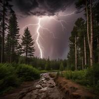 Cloudy Thunder Thunderstorm lightning bolt in the forest photo
