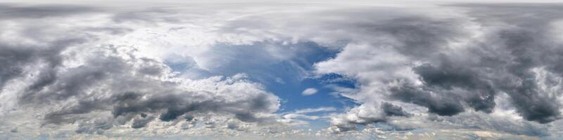 blue sky hdri 360 panorama with dark cloud before storm in seamless projection with zenith for use in 3d graphics as skydome or edit drone panoramas for sky replacement photo