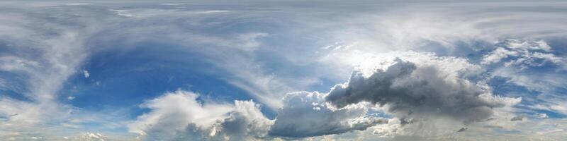 blue sky hdri 360 panorama with dark clouds before storm in seamless equirectangular projection with zenith for use in 3d graphics as skydome or edit drone panoramas for sky replacement photo