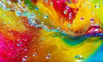 Bright abstract colorful liquid background with drops, splash and bubbles photo