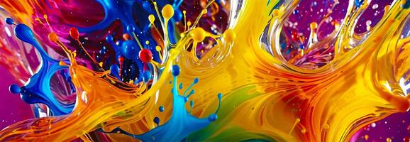 Bright abstract background of multicolor liguid with splash, drops and bubbles photo
