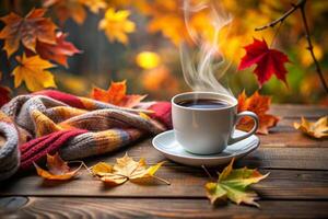Cup of coffee and autumn leaves photo