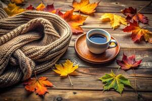 Cup of coffee and autumn leaves photo