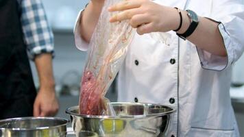 Fresh beef meat for cooking, cut with knife. Step by step process of cooking steak. Fresh juicy meat. Cut to measure temperature of product video