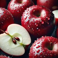 A close-up photo of fresh dewy red apples with water droplets on their surface