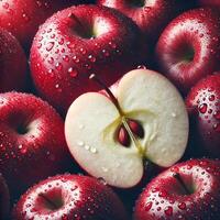 A close-up photo of fresh dewy red apples with water droplets on their surface