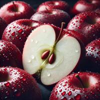 A close-up photo of fresh dewy red apples with water droplets on their surface
