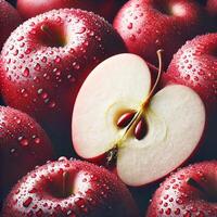 A close-up photo of fresh dewy red apples with water droplets on their surface