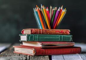Stack of colorful books topped with an assortment of colored pencils in a holder, back to school concept study photo