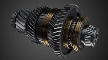 Shaft with gears from the gearbox isolated 3D Rendering. photo