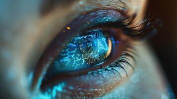 Woman's eye with AI text in her eyeball closeup image. Future technology and artificial intelligence concept photo