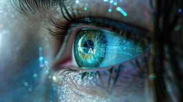 Woman's eye with AI text in her eyeball closeup image. Future technology and artificial intelligence concept photo