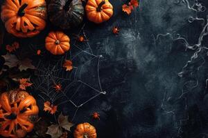 Halloween theme card with pumpkins and spiderweb on dark background with copy space. Spooky scary holiday concept photo