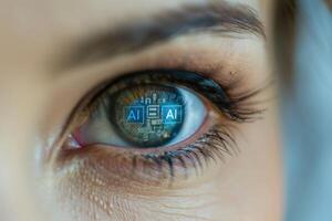 Woman's eye with AI text and data in her eyeball closeup image. Future technology and artificial intelligence concept photo