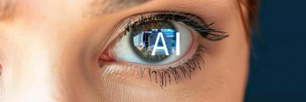 Woman's eye with AI text and data in her eyeball closeup image. Future technology and artificial intelligence concept photo