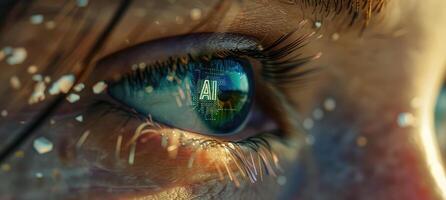 Woman's eye with AI text in her eyeball closeup image. Future technology and artificial intelligence concept photo