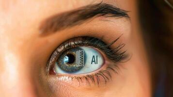 Woman's eye with AI text in her eyeball closeup image. Future technology and artificial intelligence concept photo