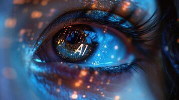 Woman's eye with AI text and data in her eyeball closeup image. Future technology and artificial intelligence concept photo
