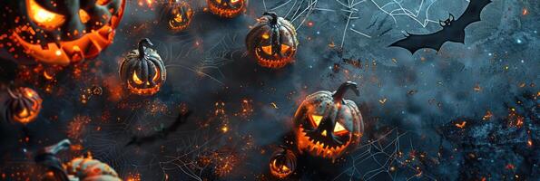 Halloween theme card with pumpkins, bats and spiderweb on dark background with copy space. Spooky scary holiday concept photo