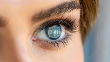 Woman's eye with AI text and data in her eyeball closeup image. Future technology and artificial intelligence concept photo