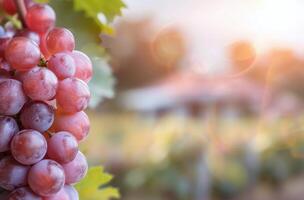Fresh Grapes Hanging on Vine at Sunrise in a Vineyard photo