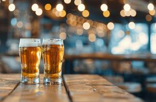 Golden Beers Served in Glasses on a Rustic Wooden Table in a Cozy Bar photo