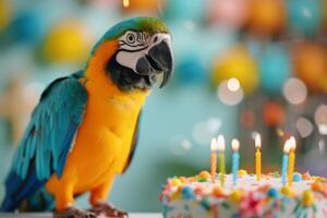 Colorful Parrot at a Birthday Celebration With Cake and Candles photo
