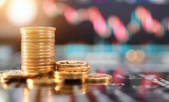 Stacked Gold Coins on Dark Background With Financial Graph in Soft Focus photo