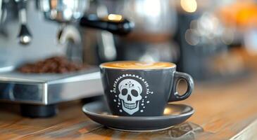 Coffee With Intricate Skull Latte Art Surrounded by Coffee Beans photo