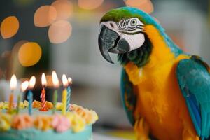 Colorful Parrot at a Birthday Celebration With Cake and Candles photo