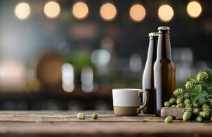 Cold Beer Glass With Bottles and Fresh Hops on Rustic Wooden Table photo