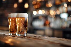Golden Beers Served in Glasses on a Rustic Wooden Table in a Cozy Bar photo