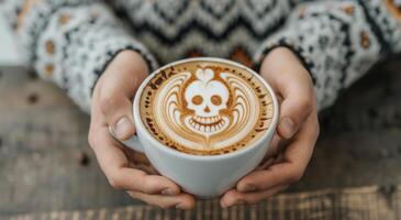 Coffee With Intricate Skull Latte Art Surrounded by Coffee Beans photo