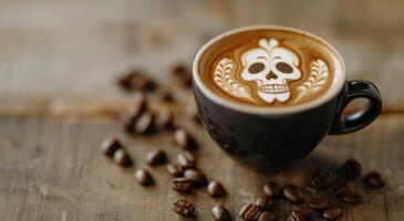 Coffee With Intricate Skull Latte Art Surrounded by Coffee Beans photo