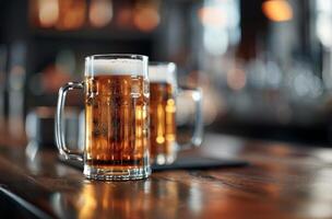 Golden Beers Served in Glasses on a Rustic Wooden Table in a Cozy Bar photo