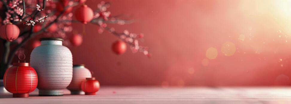 rojo linternas y orbes reunión en un calentar ajuste foto