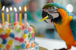 Colorful Parrot at a Birthday Celebration With Cake and Candles photo
