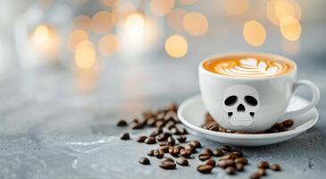 Coffee With Intricate Skull Latte Art Surrounded by Coffee Beans photo
