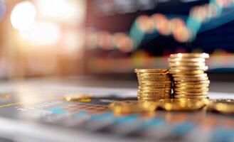 Stacked Gold Coins on Dark Background With Financial Graph in Soft Focus photo