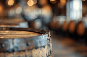 Wooden Barrels In a Rustic Distillery Setting photo