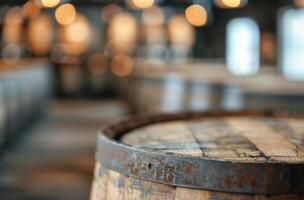 Wooden Barrels In a Rustic Distillery Setting photo