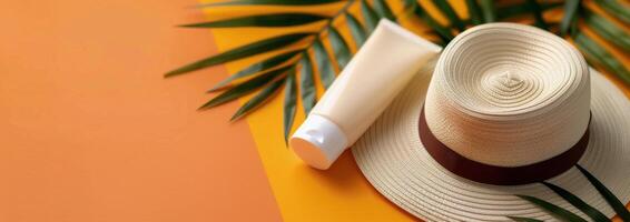 Sun Care Essentials With Straw Hat and Green Leaf on Vibrant Orange Background photo