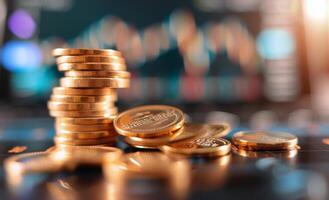 Stacked Gold Coins on Dark Background With Financial Graph in Soft Focus photo